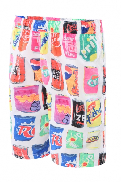 Summer Cool Colorful Cans Printed Elastic Waist Guys Loose Casual Beach Swim Trunks