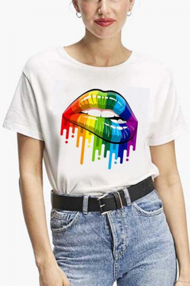 Summer Cool Colorful Oil Painting Lip Printed Basic White T-Shirt