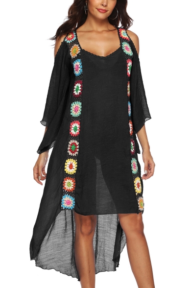 Summer Cool Floral Printed V-Neck Cut Out Long Sleeve Asymmetric Hem Midi Beach Dress