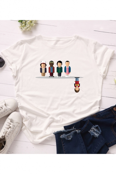 

Summer Cute Cartoon Character Printed Basic Short Sleeve Cotton Loose Tee, Black;burgundy;dark navy;pink;white;dark gray;light gray;army green, LM525401