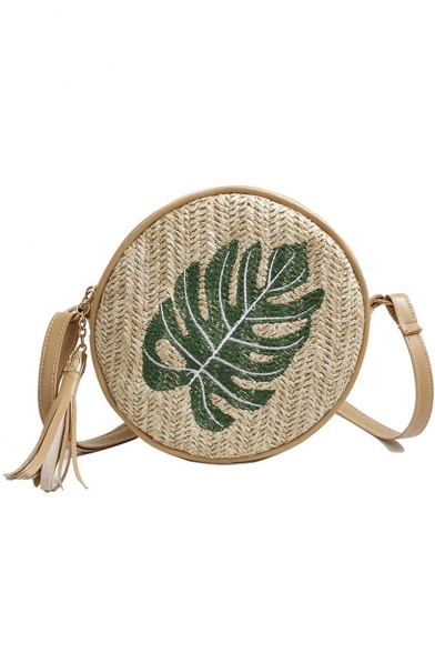 Summer Fashion Leaf Pattern Straw Fringe Round Crossbody Bag 19*7*19 CM