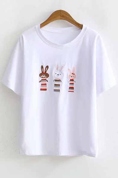 Summer Girls Lovely Three Rabbit Embroidery Short Sleeve T-Shirt
