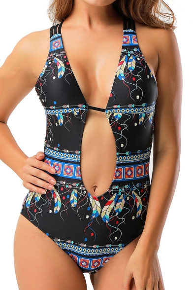 Summer Holiday Boho Style Fashion Printed Sexy Cutout Womens Black One Piece Swimsuit