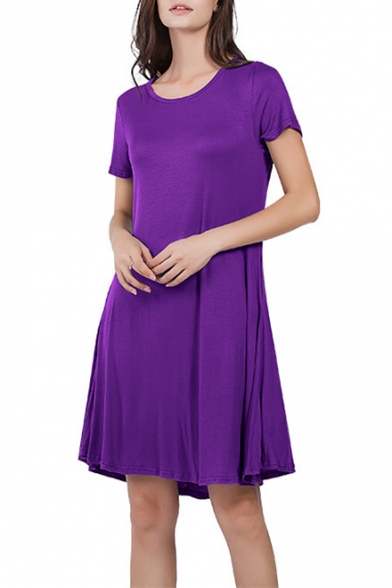 Summer New Stylish Simple Solid Color Round Neck Short Sleeve Mini A-Line T-Shirt Dress