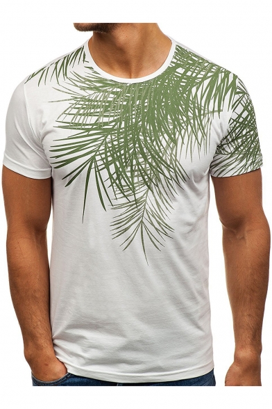 Summer New Stylish Tropical Leaf Pattern Short Sleeve Round Neck Slim Fit T-Shirt for Men