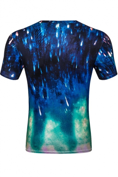 Summer New Trendy 3D Galaxy Figure Printed Basic Round Neck Short Sleeve Loose Dark Blue T-Shirt