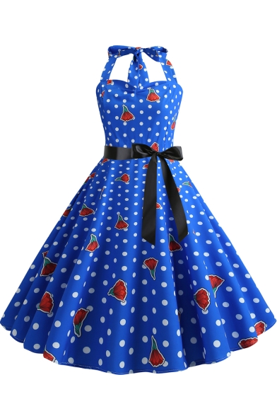 Summer's Floral Polka Dot Printed Sleeveless Halter Bow-Tied Waist Midi A-Line Blue Dress