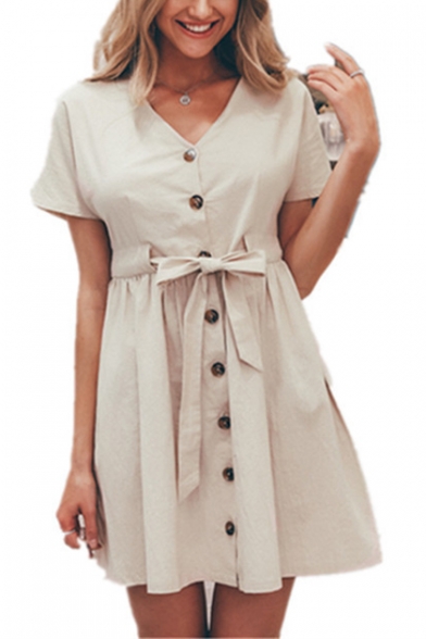 Summer Simple Plain V-Neck Short Sleeve Button Down Bow-Tied Waist Mini A-Line Dress