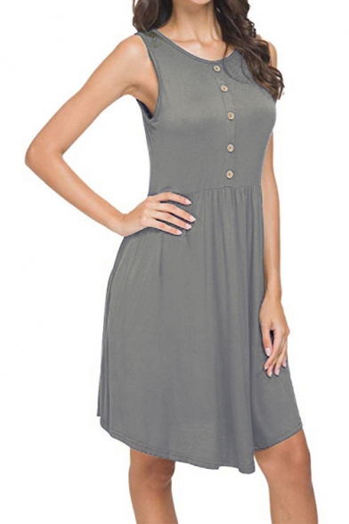Summer Solid Color Round Neck Button Front Casual Midi A-Line Tank Dress
