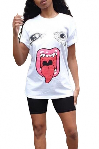 Summer Street Fashion Cool Funny Tongue Red Lip Print Oversized T-Shirt for Women