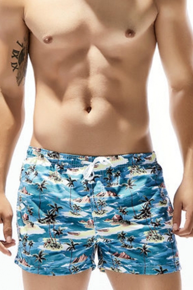 Summer Tropical Coconut Palm Printed Drawstring Waist Lounge Swim Shorts for Guys