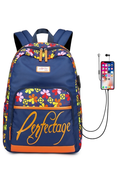 Trendy Letter Floral Printed Creative USB Charging School Bag Backpack 30*13*43 CM