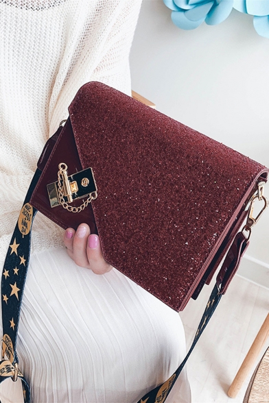 Trendy Stars Printed Strap Metal Buckle Patent Leather Sequin Crossbody Bag for Women 20*9*15 CM