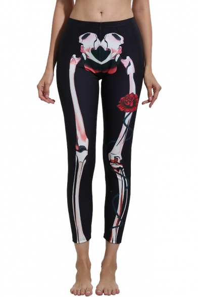 Unique Skeleton Printed Womens Slim Fit Yoga Pants Capri Stretch Fit Black Leggings