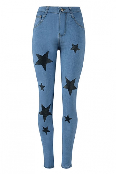 

Vintage Light Blue Fashion Star Print Skinny Fit Jeans for Women, LM517205