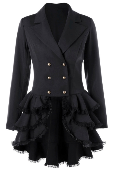 Women's Black Tuxedo Gothic Tailcoat Jacket Double Breasted Ruffled Hem Steampunk Victorian Coat Wedding Uniform