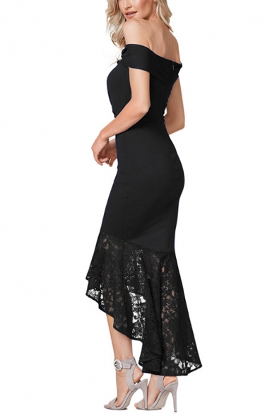 Women's Elegant Plain Printed Off The Shoulder Lace Patch Midi Bodycon Dress