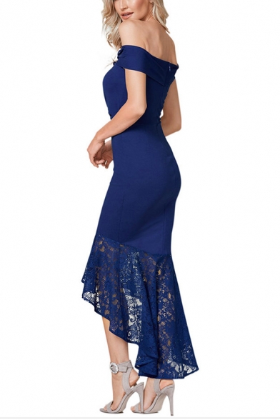 Women's Elegant Plain Printed Off The Shoulder Lace Patch Midi Bodycon Dress