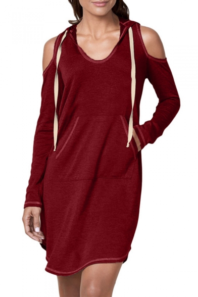 Women's Hot Fashion Cut Out Long Sleeve Plain Print Midi Hooded Dress Whit Pockets