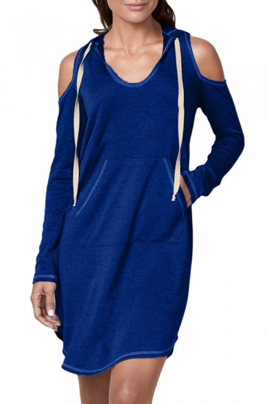 Women's Hot Fashion Cut Out Long Sleeve Plain Print Midi Hooded Dress Whit Pockets