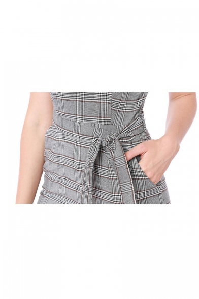 Women's Hot Fashion Grey Stripes Print V-Neck Spaghetti Straps Bow-Tied Waist Jumpsuits