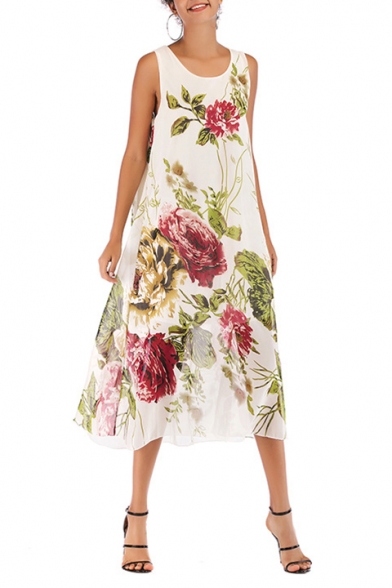 Women's Hot Fashion Round Neck Sleeveless Floral Print Maxi A-Line Swing Beach Dress