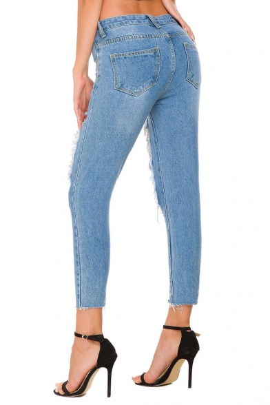 Women's Light Blue Distressed Big Hole Slim Fit Capri Jeans