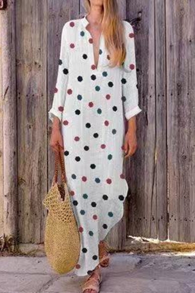 Women's New Ethnic Polka Dot Print V-Neck Long Sleeves Maxi Cotton Dress