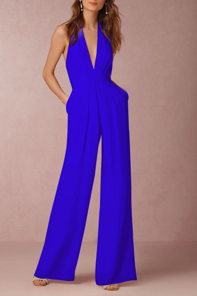 Women's New Fashion Solid Color Sexy Halter Plunged Neck Wide-Leg Jumpsuits with Pockets