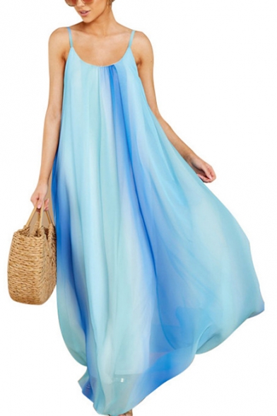 Women's Sexy Light Blue Ombre Color Scoop Neck Sleeveless Maxi Chiffon Slip Beach Dress