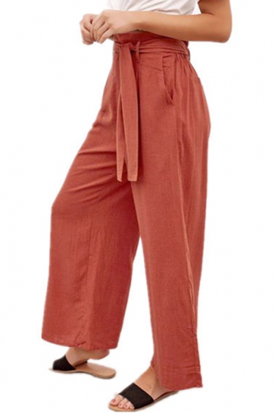 Women's Summer Trendy Solid Color Tied Waist Casual Capri Wide Leg Pants