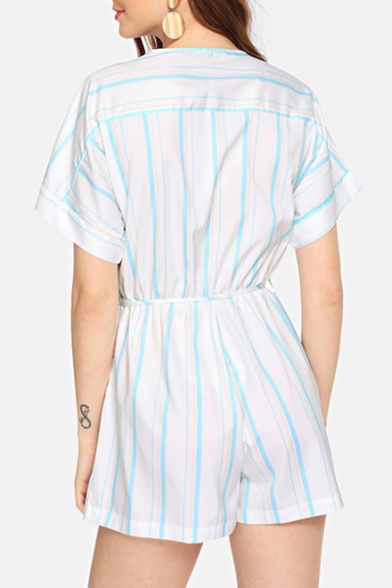 Women's Trendy Blue and White Striped Printed Short Sleeve V-Neck Tied Romper Playsuit