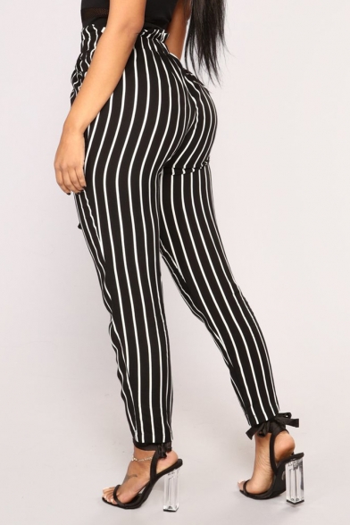Women's Trendy Vertical Stripe Pattern Tied Waist Casual Pants