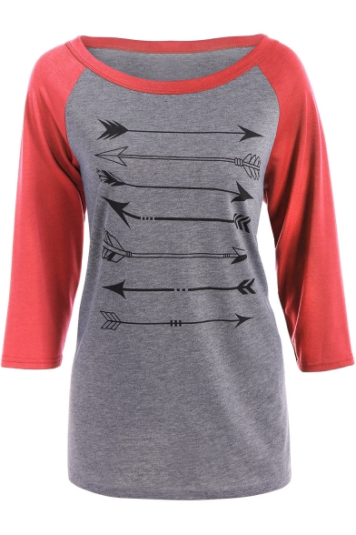 Women's Unique Diagonal Marker Arrows Printed Round Neck Three-Quarter Sleeve Color Block T-Shirt