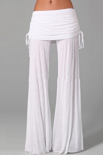 Womens Basic Simple Plain Drawstring Waist Lounge Baggy Wide-Leg Yoga Pants
