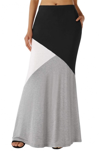 Womens Hot Fashion Unique Colorblock Casual Slouch Maxi Knit Skirt