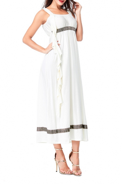 Womens New Fancy Cosplay Greek Goddess Ruffled Ribbon White Maxi Cami Dress
