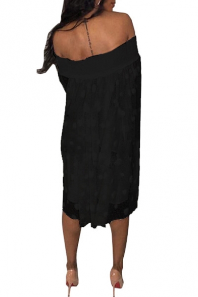 Womens New Stylish Polka Dot Off the Shoulder Ruffled Sleeve Jacquard Midi Dress