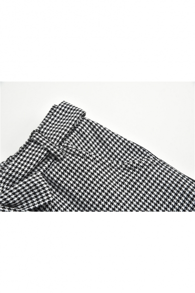 Womens New Stylish Tape Side Gingham Printed Bow Tied Waist Cropped Slim Fit Pants