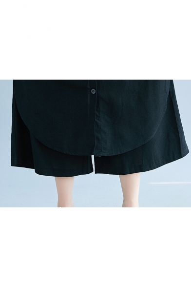 Womens New Stylish Unique Button Front Elastic Waist Linen Loose Cropped Culotte Pants