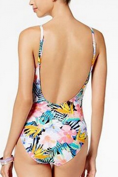 Womens New Trendy Floral Printed Mesh Panel Open Back One Piece Swimsuit Swimwear
