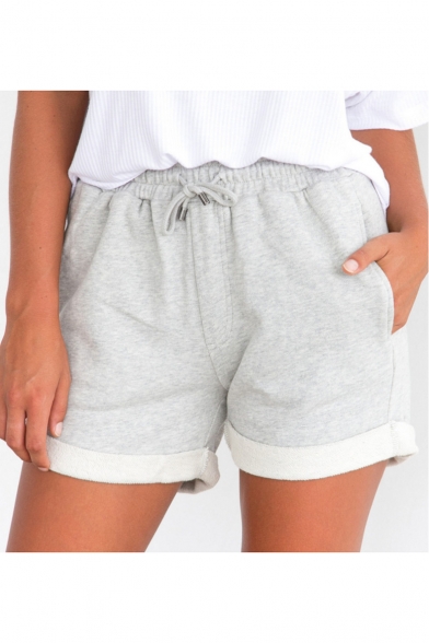 Womens Simple Solid Color Drawstring Waist Sport Sweat Shorts