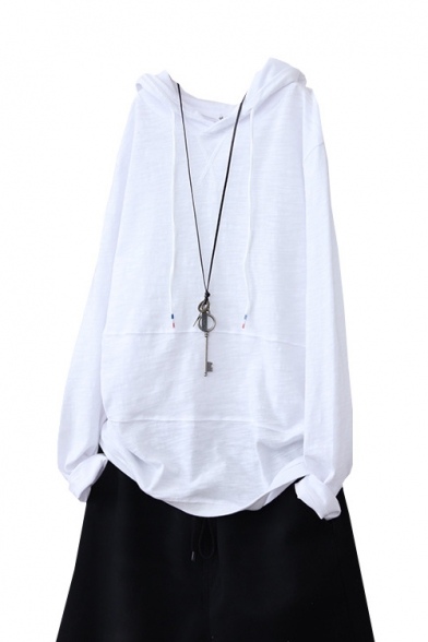 

Womens Simple Solid Color Long Sleeve Drawstring Hooded White Cotton Relaxed Tee, LM525455