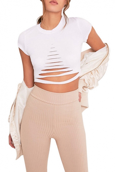 Womens Summer Crewneck Short Sleeve Unique Cool Ripped Cutout Simple Plain Cropped Tee