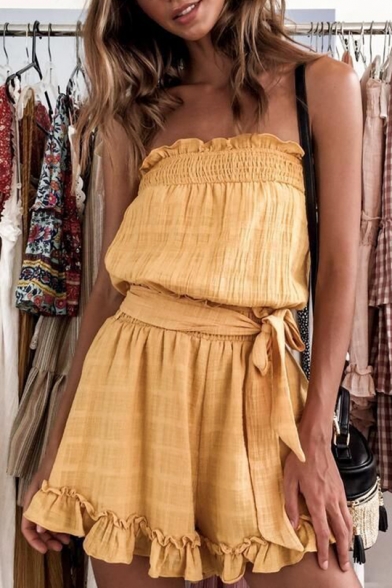 Womens Summer Fashion Linen Strapless Tied Waist Pleated Yellow Ruffled Romper
