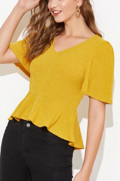 Womens Summer Hot Fashion Yellow Solid Color V-Neck Cropped Slim Fit Knit T-Shirt