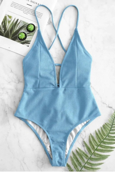 Womens Summer Simple Solid Color Sexy Crisscross Back Knit One Piece Swimsuit