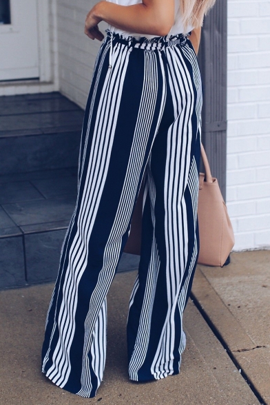 Womens Trendy Vertical Stripe Printed Tie Front High Waist Casual Wide Leg Pants