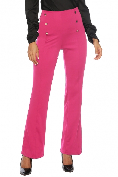Womens Unique Double Button-Fly Front Solid Color Slim Fit Flare Pants