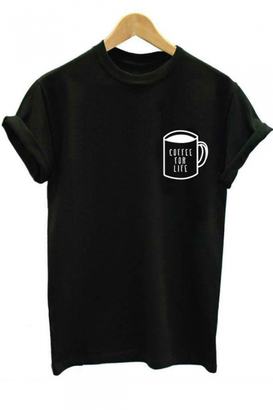 Basic Simple Letter Coffee for Life Cup Short Sleeve Cotton Tee